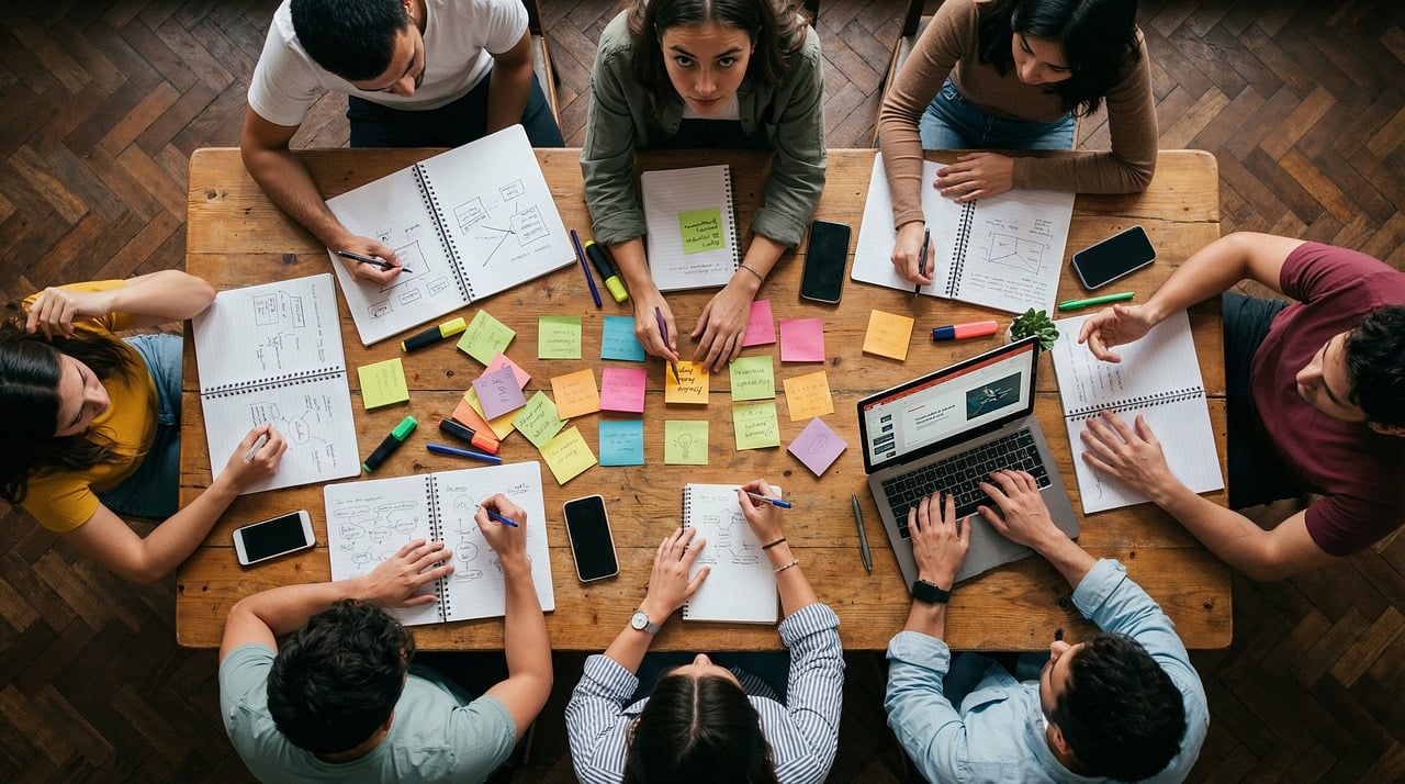 Equipe criativa em reunião de brainstorming com post-its
